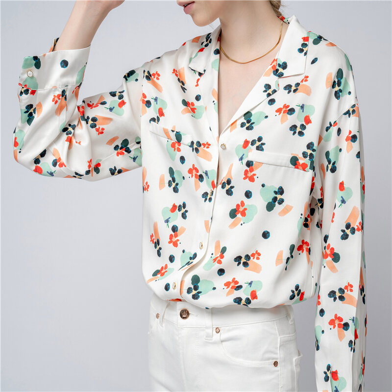 Camisas femininas estampadas e de manga longa, blusa vintage elegante com lapela floral, casual e tamanho grande, para primavera