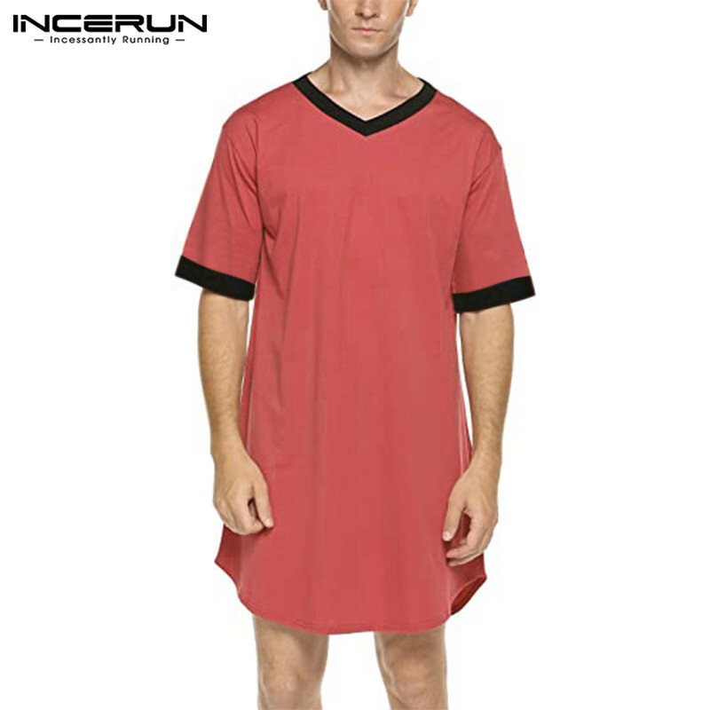 INCERUN Men Sleep Robes Short Sleeve V Neck Nightgown Homewear Comfortable Patchwork Loose Mens Bathrobes Dressing Gown S-5XL
