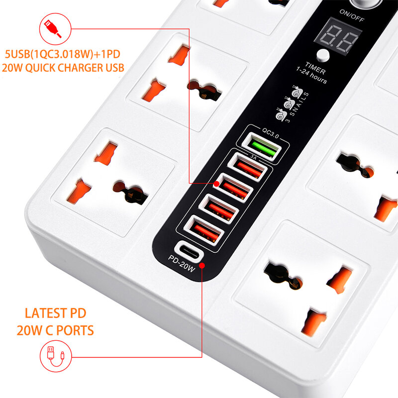 PD QC3.0 Fast Charger USB Power Strip With Switch Universal 6  AC Jack Extension Socket With Timer Socket 3000W