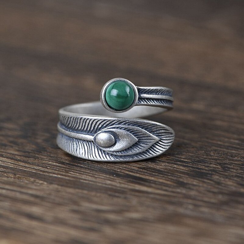 S925 Sterling Silver Retro Malachite Feather Ring Couple Models Open Gem Ring