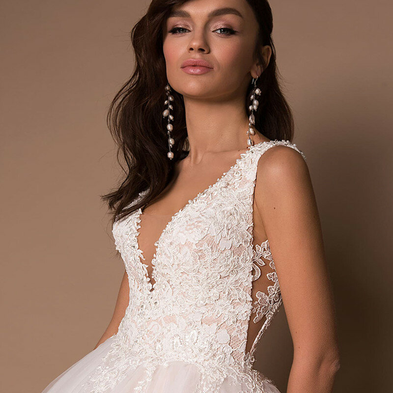 Luksusowe koraliki z dekoltem w szpic suknia ślubna suknia balowa suknia ślubna księżniczki koronkowe aplikacje bez rękawów bez rękawów sznurowane Vestido de Novia