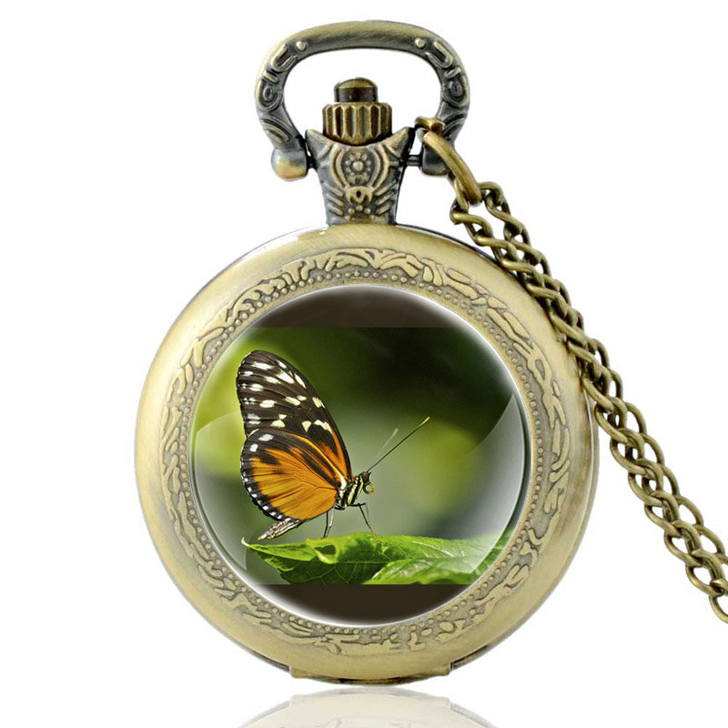 Reloj de bolsillo con diseño de mariposa en hoja verde para hombre y mujer, colgante de cuarzo, Vintage, bronce, regalo