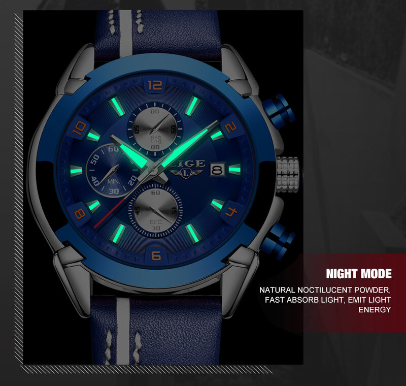 LIGE Leather band Quartz Men's Watches Top Luxury Brand Multifunction Sports Chronograph Watch Men Date Clock Relogio Masculino
