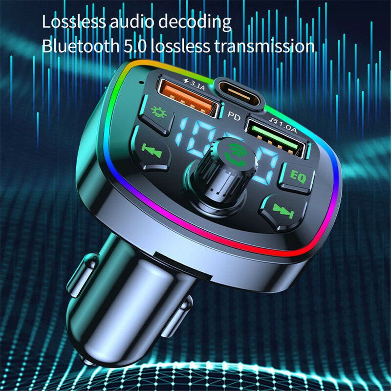 車のbluetooth 5.0充電器fmトランスミッタpd 18ワットタイプcデュアルusb 3.1Aカラフルな周囲光のシガーライターMP3音楽プレーヤー