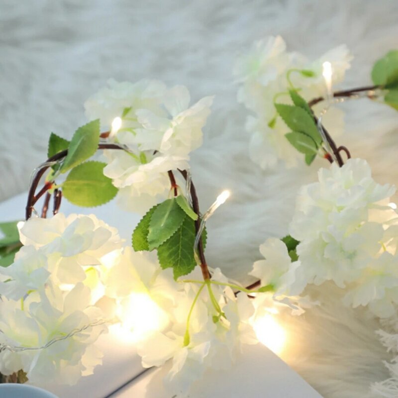 2M 20LED ดอกไม้ Led String Light สีชมพูไฮเดรนเยียสีขาว Vine 4.5V แบตเตอรี่ Garland โคมไฟตกแต่งวันหยุดสำหรับบ้านห้องนอน