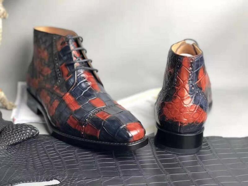 Zapatos de piel de cocodrilo auténtica para hombre, botas con forro de piel de vaca, abrigo de camuflaje, color rojo, 100%, 2019