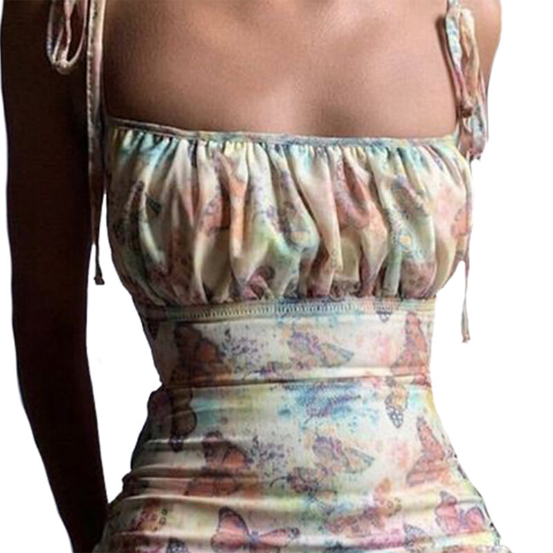 2020 drukuj Mini sukienka Sexy Lace Up Ruffles letnia sukienka Ruched bez rękawów damskie sukienki bandaż bobson sukienek