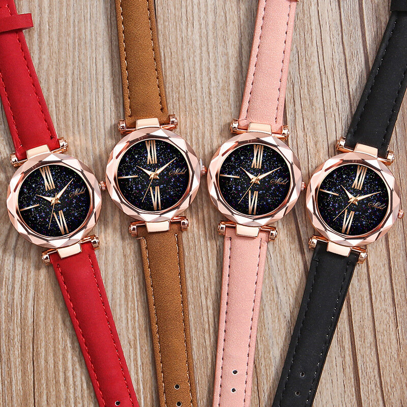 Conjunto de relógio estrelado céu de couro feminino, 2 peças ponteiro luminoso relógios para mulheres vestido romano bracelete de relógio de pulso casual zegarek damski