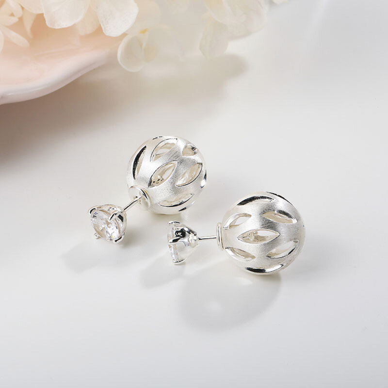 SA SILVERAGE Hollow Ball 925 Sterling Silver Stud Earrings Female 925 Sterling Silver Round Stud Earrings for Women Fine Jewelry