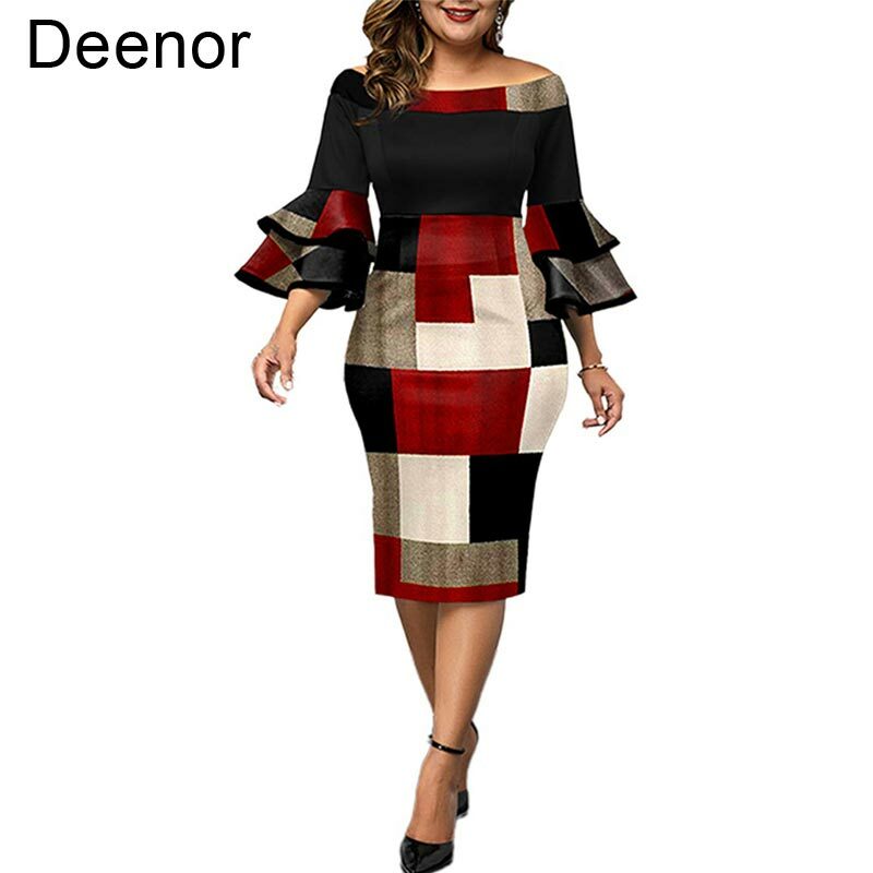 Deenor-여성용 플러스 사이즈 드레스, 우아한 기하학 프린트 이브닝 파티 드레스, 5xl
