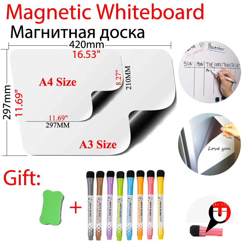 2PCS Magnetische WhiteBoard Kühlschrank Aufkleber Trockenen Löschen Weiß Bord Kalender Kinder Täglichen Zeitplan Malerei Nachricht Memo 8 Farbe Marker