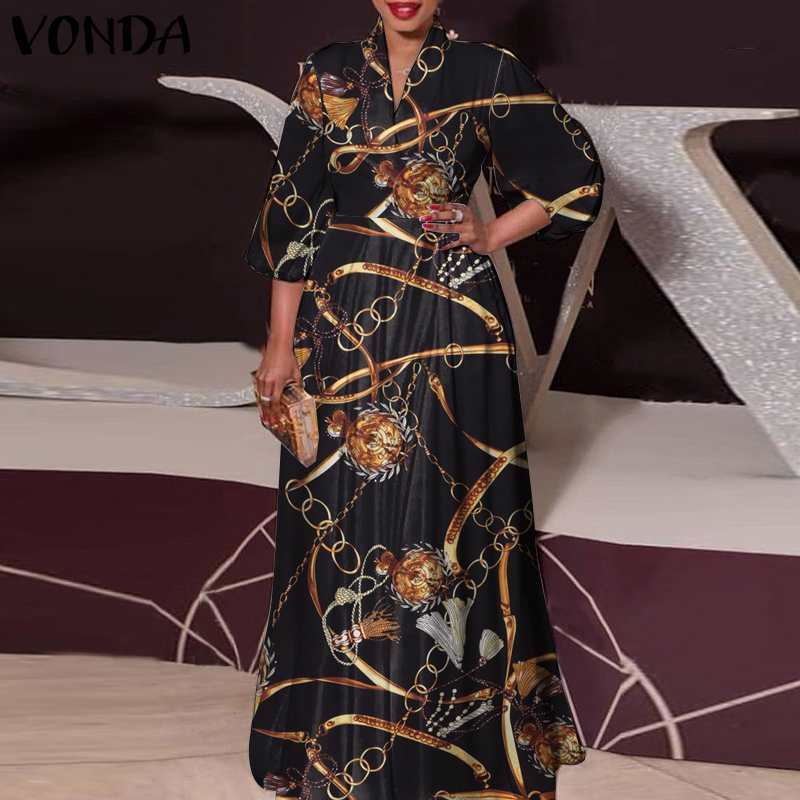 Plus Size Women Dress 2023 VONDA Autumn Long Sleeve Vintage Floral Printed Party Dresses Loose Robe Longues Holiday Sundress