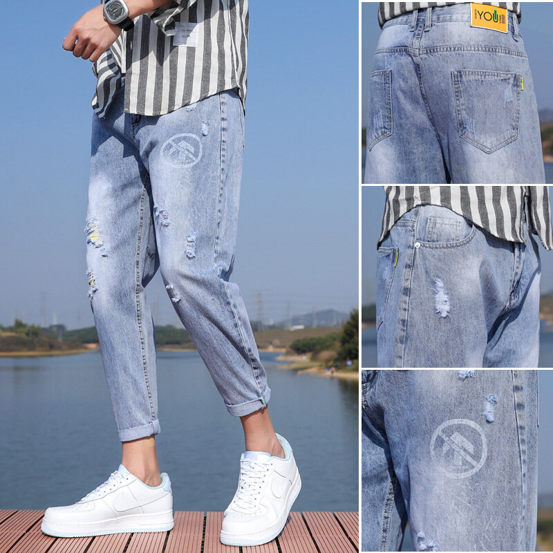 Jeans Pria Musim Semi dan Panas Baru 2021 Celana Panjang Pergelangan Kaki Pria Longgar Robek Mode Celana Denim Pria Kasual Lurus