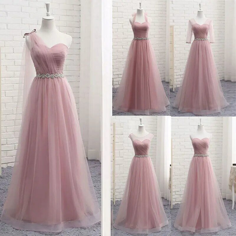 Beauty-Emily V Neck Bridesmaid Dresses Long for Wedding Elegant A Line Tulle Pink Party Gowns for Wedding Guests Prom Dress