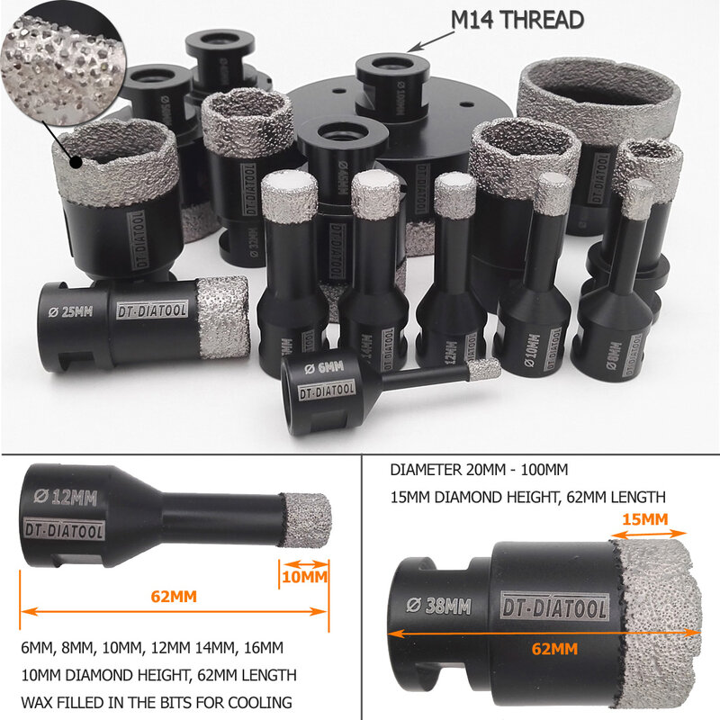 DT-DIATOOL 1pc Diamond Dry Drilling Core Bits Hole Saw M14 Thread Drill Bits Ceramic Tile Porcelain Cutter Power Tools Crowns
