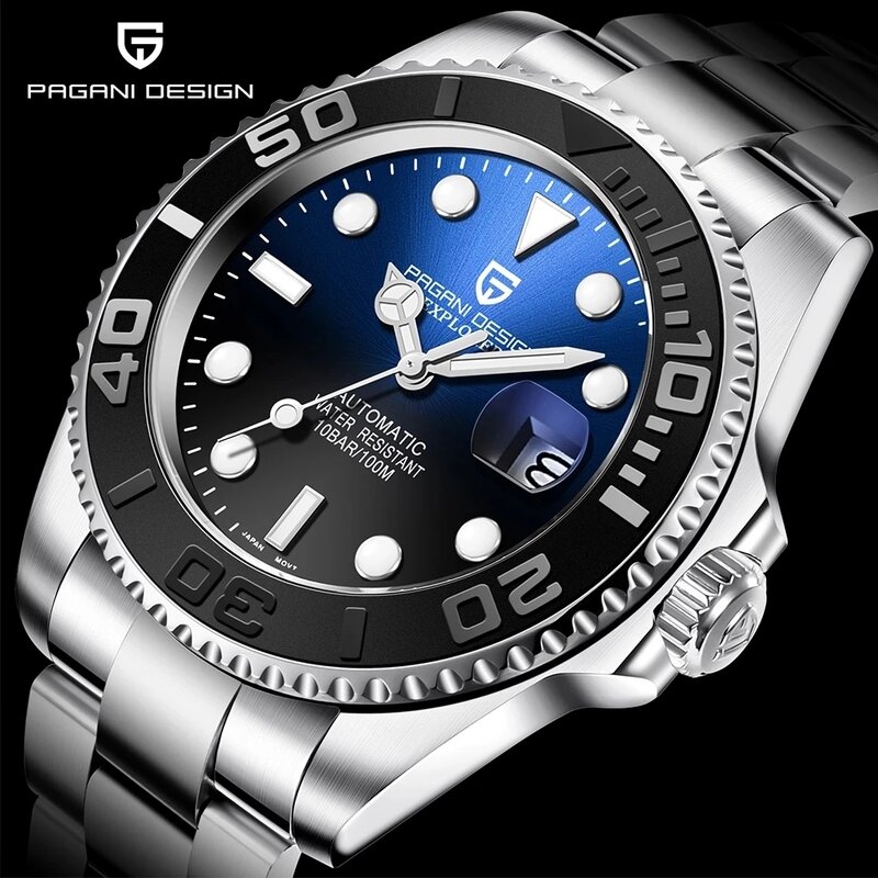 PAGANI-Szafirowy zegarek automatyczny ze stali nierdzewnej dla mężczyzn, wodoodporny, mechaniczny, na rękę, stylowy, luksusowy