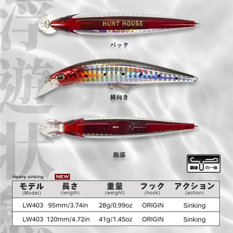 Hunthouse G-Control Minnow Sinking Fishing Lure, 95mm, 120mm, 28g, 41g, Artificial Swimbaits, Lure
