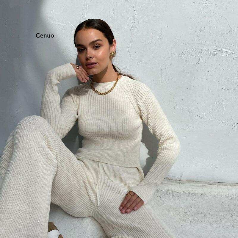Women Set Sweater Top Long Sleeve And Biker Pants Autumn Winter White Casual Two Piece Set Warm Outfits Knitted