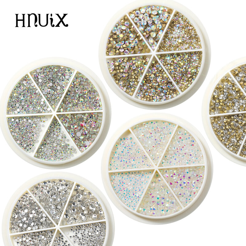Hnuix เล็บขนาดเล็กขนาด0.8-3มม.ส้นแบนเจาะด้านล่างขนาดผสม3D Super Flash Diamond เครื่องประดับเล็บ DIY