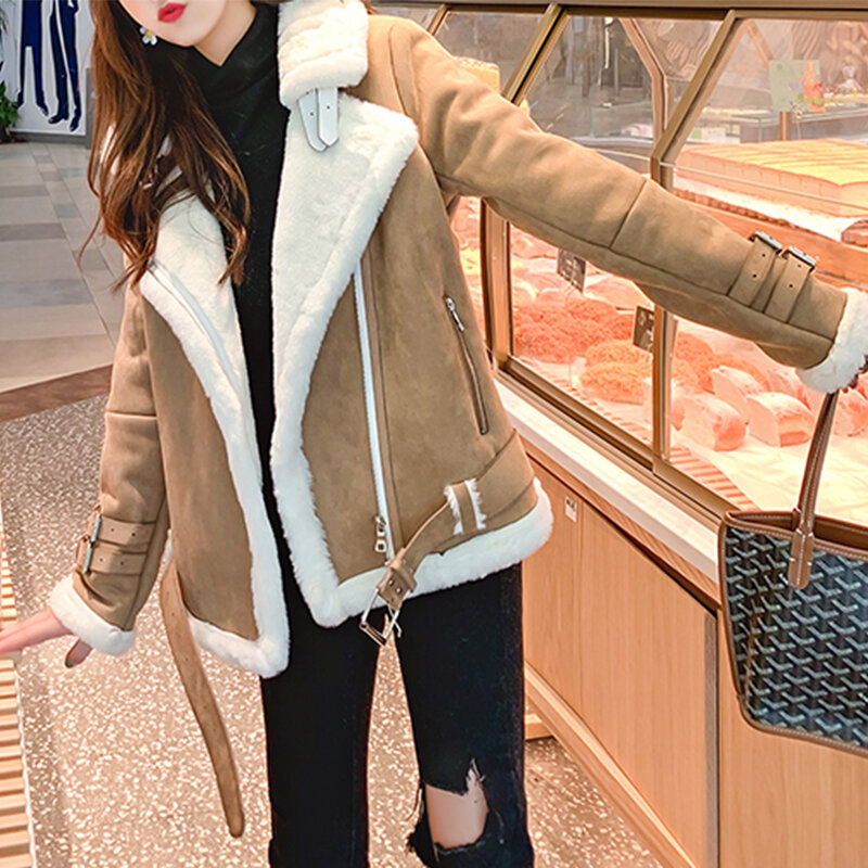 Winter Faux Fur Jacket and Coat Woman Motorcycle Biker Artificial PU Fur Suede Leather Jackets thick Warm outerwear women's 2023