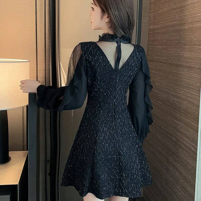 فستان رسمي قصير بالترتر أسود صغير DongCMY حجم كبير صغير أنيق كامل الأكمام نادي للحفلات المسائية