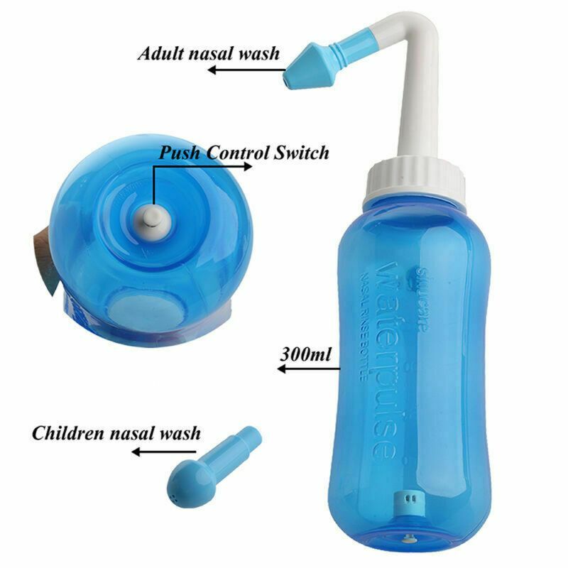 Sistema de lavagem nasal e nariz, frasco azul de plástico, antialérgico, enxágue de nariz para crianças e adultos, 300ml, equipamento prático novo