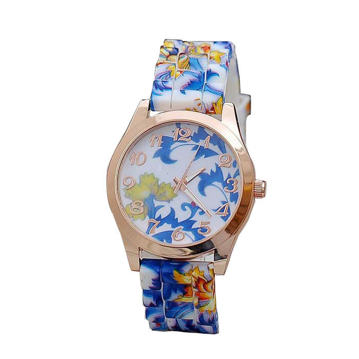 손목 시계 패션 여성 소녀 시계 실리콘 프린트 플라워 인과 석영 손목 시계 여성 2021 6 월 3 일 시계 블루