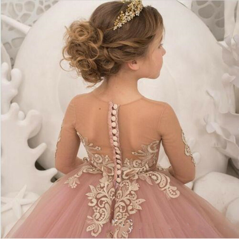 Nowy różowy kwiat dziewczyny sukienki na ślub w stylu Vintage z długim rękawem przezroczysta szyja tiulowe koronkowe aplikacje suknia dziewczyny korowód suknie