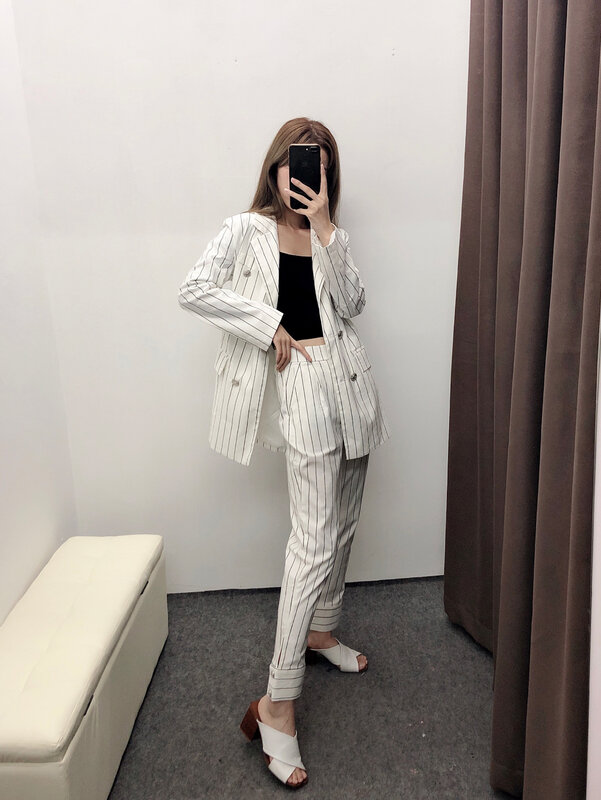 Early autumn temperament women's suit Casual Slim Double Breasted Black Striped White Blazer and Pants Set Temperament skirtsuit