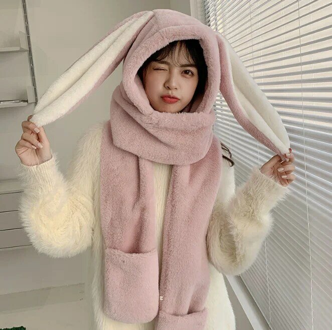Rabbit Big Ears Plush Cross Border Cycling Lovely Hat Female Cold Hat Autumn Winter Scarf Gloves One Girl Hat Student Khaki