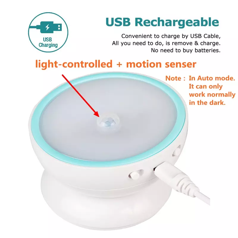Lampu Malam LED Dapat Diisi Ulang USB dengan Sensor Gerakan PIR untuk Lampu Meja Baca Buku Lemari Kamar Tidur Dapur Toilet