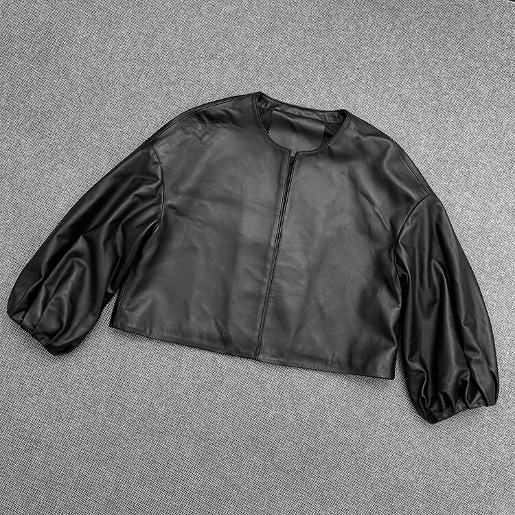 2021 New Arrival Women Fashion Short Genuine Leather Jacket O-Neck