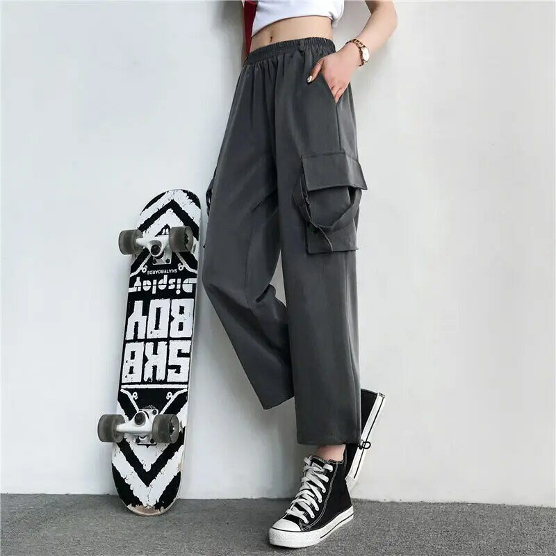 Брюки-карго женские, тонкие брюки двойного стиля, модель BF в Корейском стиле, прямые брюки с высокой талией, на лето