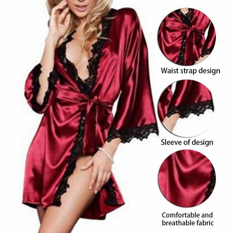 Womens Sexy Kimono Lace Bath Robe Lingerie Gown Ice Silk Nightdress Solid Color Nightgown Nightwear Night Gown Bathrobe for Lady
