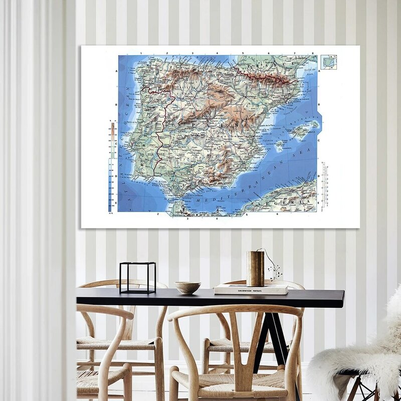 225*150cm In Spanish The Spain Orographic Map with Details Non-woven Canvas Painting Wall Art Poster Home Decor School Supplies