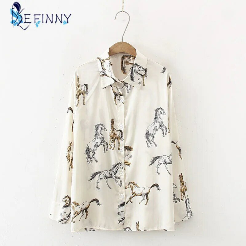 Blusa de satén con estampado de caballo para mujer, camisa de manga larga, informal, holgada, cuello vuelto