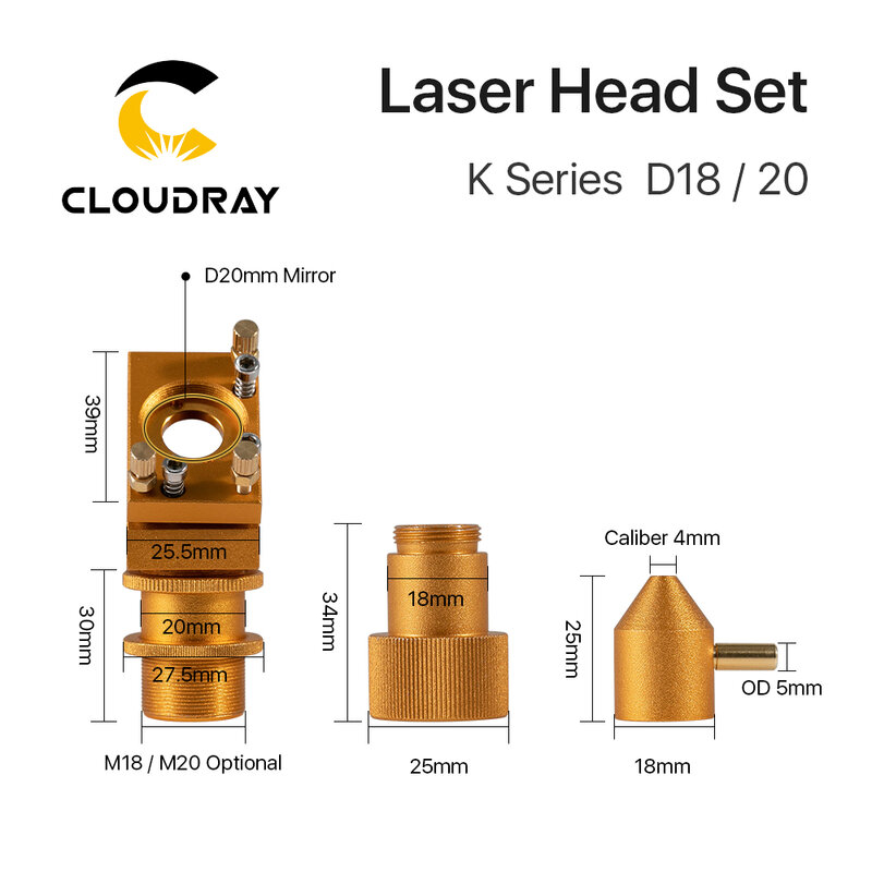 Cloudray-K Série Laser Head Set, Gravação Máquina de Corte, D12, 18, 20, Lente FL50.8 mm, Cor Dourada para 2030, 4060, K40, CO2