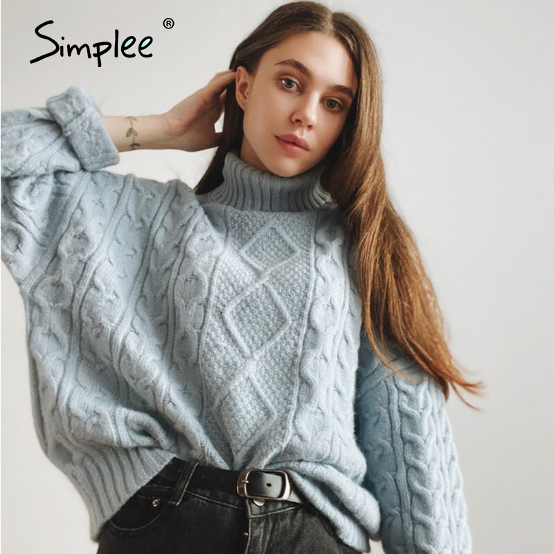 Simplee-pull à col roulé tricoté pour femmes, pull à manches longues, chauve-souris, bleu ample, automne et hiver