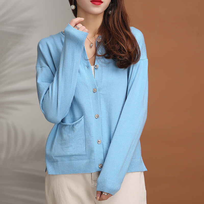Primavera outono camisa camisola feminina em torno do pescoço cardigan moda de manga comprida camisa de fundo versátil jaqueta coreana quente solto