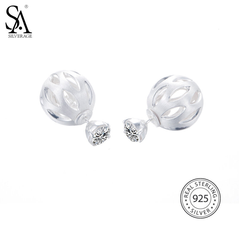 SA SILVERAGE Hollow Ball 925 Sterling Silver Stud Earrings Female 925 Sterling Silver Round Stud Earrings for Women Fine Jewelry