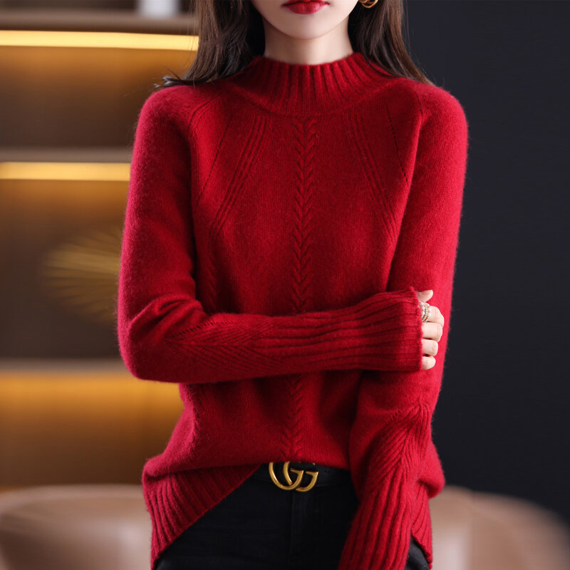 Half-High Neck Raglan Sweater Women's New Autumn Winter Bottoming Pullover Ioose Temperament Iong-Sleeved 100% Pure Wool Sweater