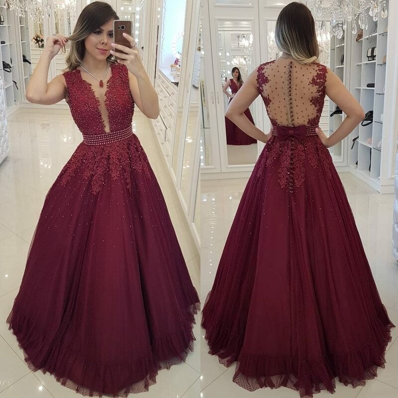 Sexy Backless Burgundy Prom Dresses 2019 Elegant Beading Long Prom Gowns Back Bow Lace Appliques Button Zipper Party Dresses