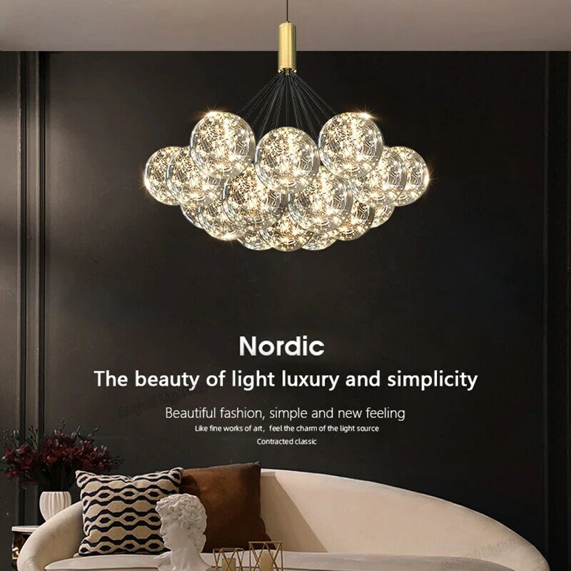Lámpara de araña de cristal de burbuja romántica, luces colgantes nórdicas para decoración del hogar, dormitorio, comedor, Estrella LED, iluminación de lujo