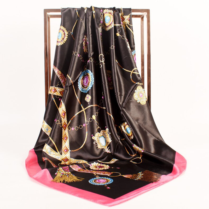 Bufanda de seda satinada de lujo para Mujer, pañuelo de moda con estampado, Foulard, Hijabs, chal