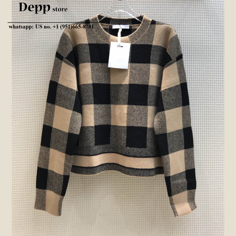 2020 Autumn New Color Matching Plaid Letter Embroidery Slim wool blended Knitted Long-Sleeved round Neck Pullover Women sweater