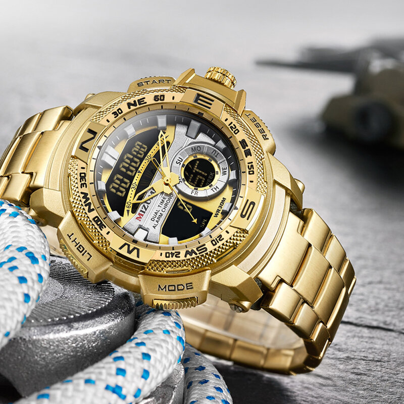 30m wodoodporne męskie zegarki sportowe luksusowe marki zegarek kwarcowy mężczyźni stalowo-złoty cyfrowy męski zegar fajne wojskowe Relogio Masculino