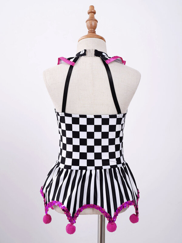 Kids Girls Cosplay Costume Circus Clown Halter Neck Plaid Polka Dots Stripes Print Sequins Pompoms Adorned Irregular Hem Dress