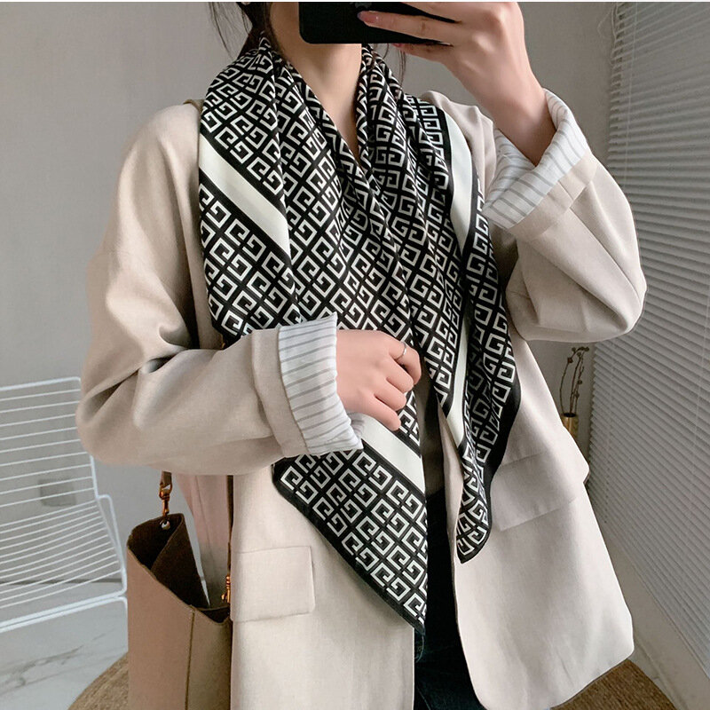 New 2021 Women Multifunction Polyester Silk Scarf Elegant Stripes Printed Casual Satin Small Square Wraps Scarves Shawl