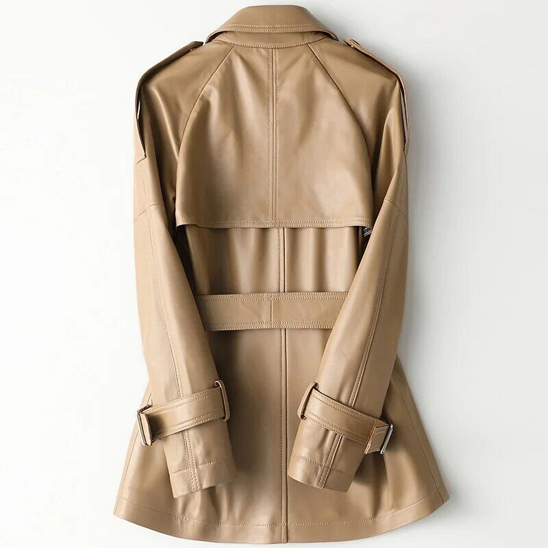 女性の本革のジャケット,柔らかいシープスキンの女性の秋のコート,カジュアルでスタイリッシュな英国のジャケット,特大のトレンチ