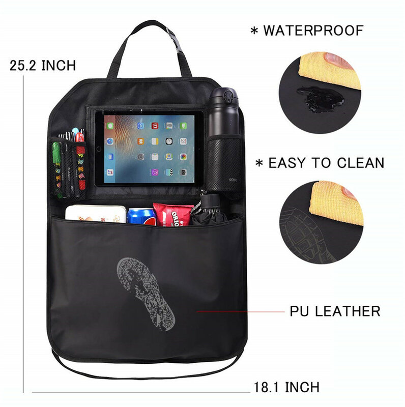 Asiento de cuero PU organizador trasero Multi bolsillo Juguetes De aperitivo iPad bolsa de almacenamiento fácil de limpiar Backseat Kick Protector cubierta para niños